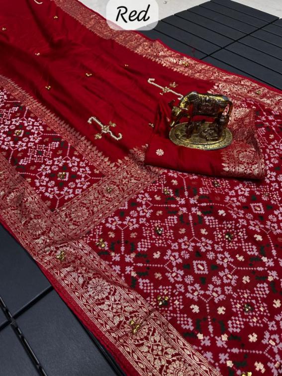 Dola Silk Saree with Traditional Jaipuri Handwork, Mirror Work & Ghungroo Detailing