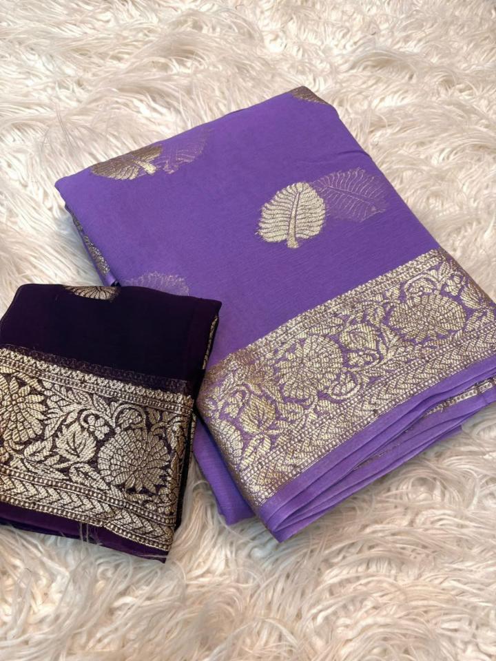 Women's Purple Pure Viscose Georgette Saree with Golden Leaf Jacquard Border and Contrast Blouse