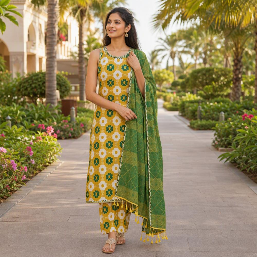 Pure Chinon Silk 3 Piece Suit Set with Digital Print and Embroidery