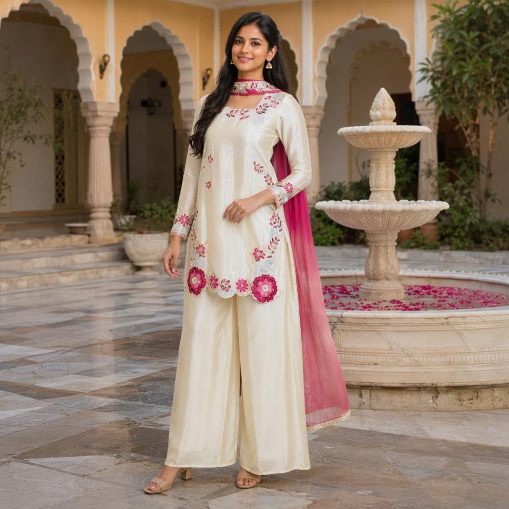 Roman Glass Silk Embroidered Sharara Palazzo Suit Set with Dupatta