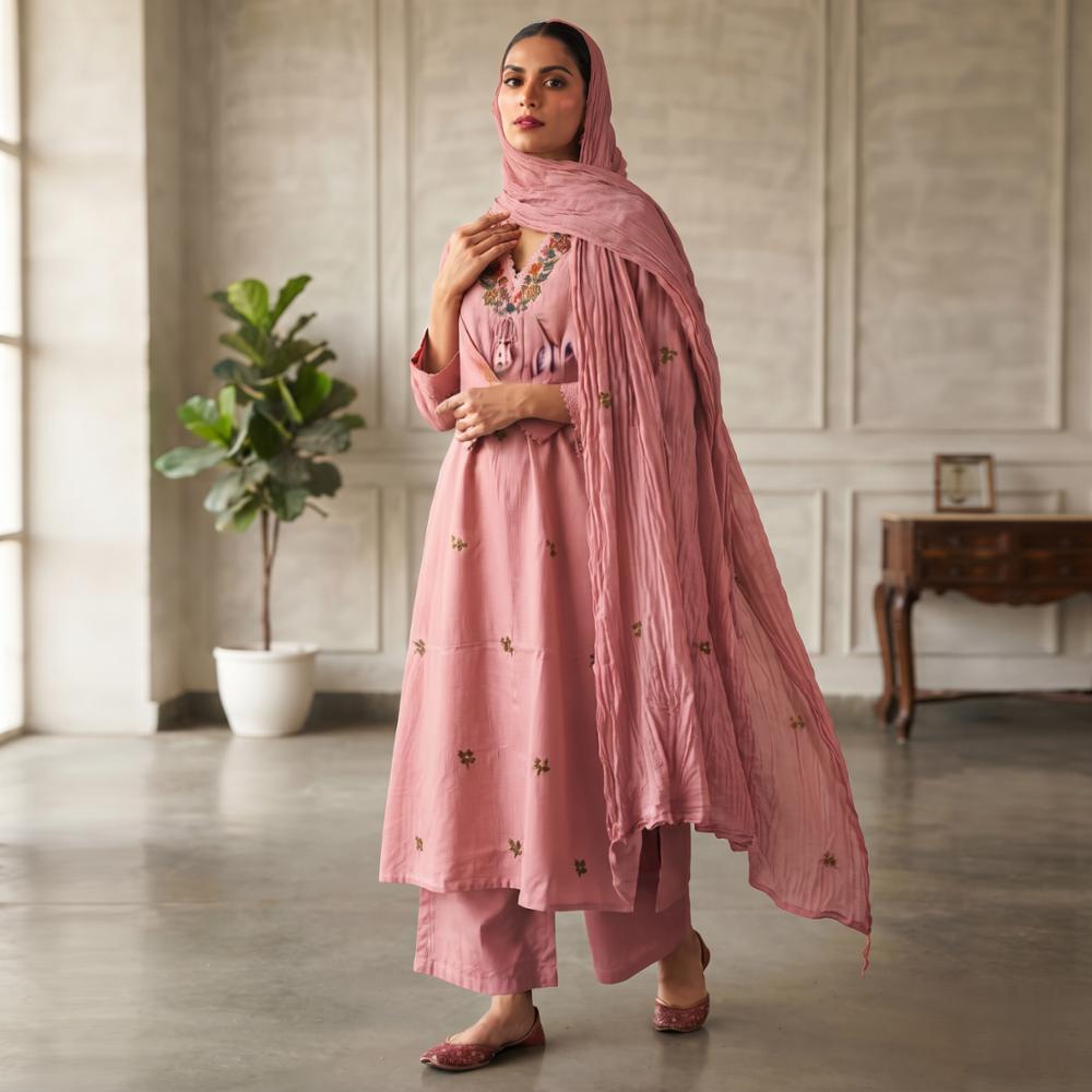 Cotton Embroidered Kurta 3 Piece Set with Plazo and Malmal Dupatta