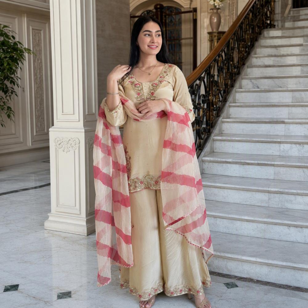 Pure Crepe Silk Embroidered Suit Set with Plazzo