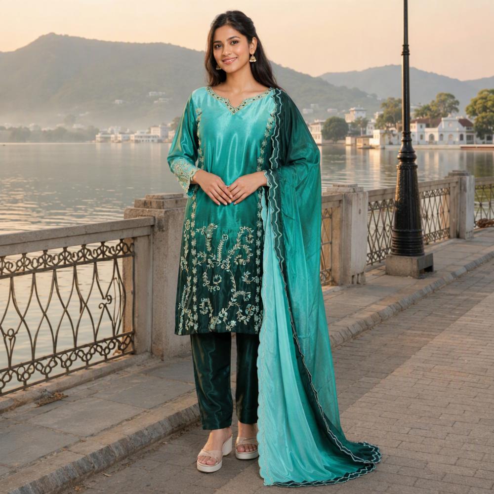 Pure Chinon Silk 3 Piece Kurti Set with Embroidery Work