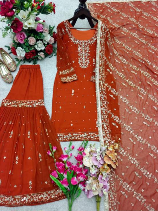 Pure Fox Georgette Embroidered Sharara Suit Set with Dupatta