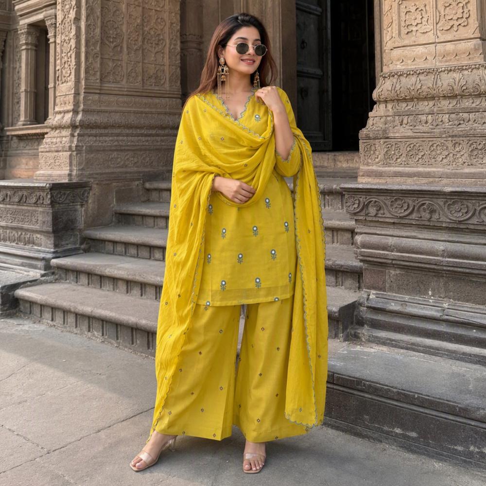 Mul Chandheri Embroidered Suit Set with Farshi Palazzo and Dupatta