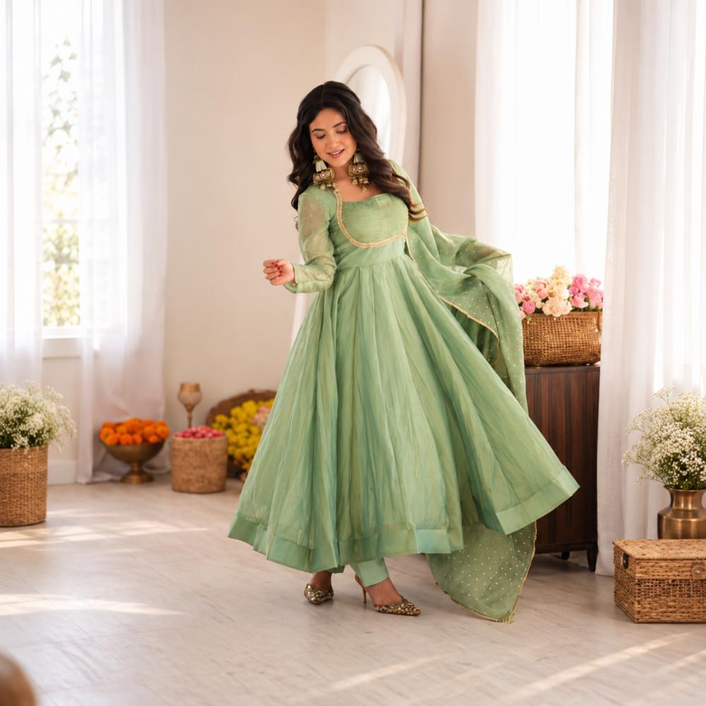 Salsa Fabric Aqua Green Gown Set with Pant and Dupatta