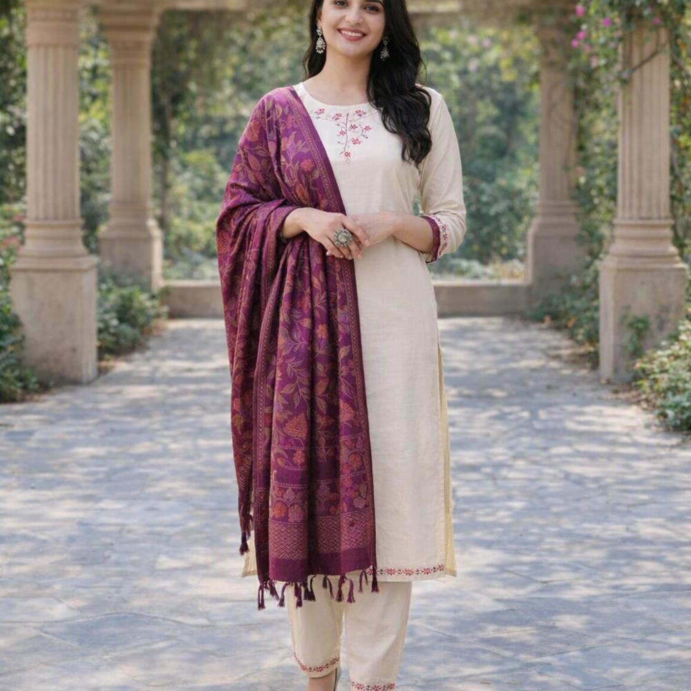 Cotton Handloom Kurta Set with Embroidery and Silk Dupatta