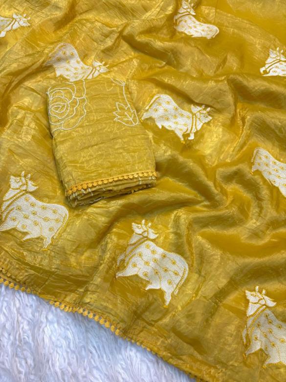 Cow Gold Crush Saree - Designer Party Wear Saree with Cow Motif Work