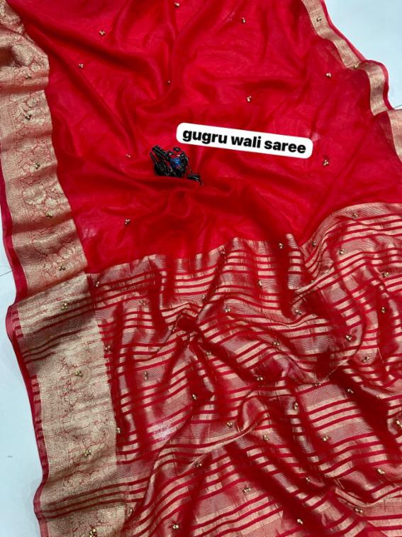 Red Organza Saree with Banarasi Zari Border and Ghungroo Work
