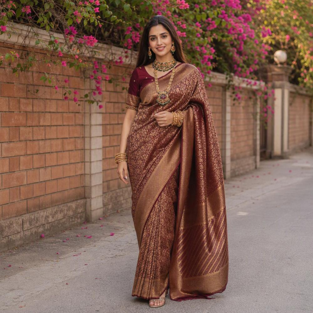 Pure Banarasi Khadi Silk Saree - Zari Meenakari Floral Jaal with Rich Woven Border