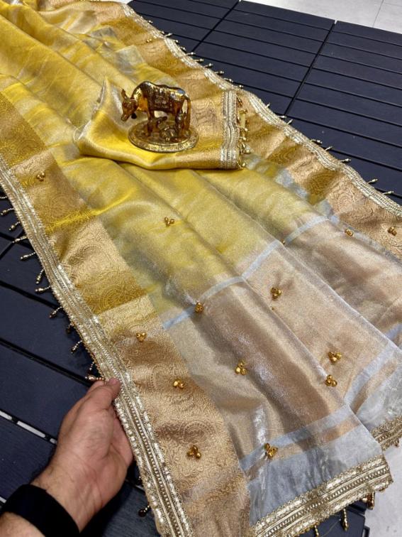 Premium Kanchivaram Tissue Silk Saree with Golden Zari Border, Ghungroo & Tassel Detailing