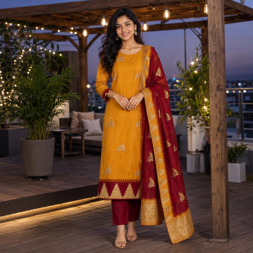 Kurti Pant & Dupatta Set Mustard Yellow Red Traditional Motif