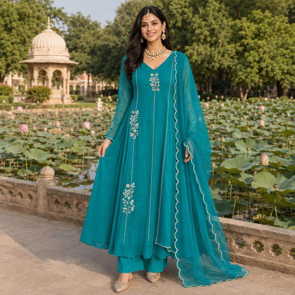 Fashion In Style Women's Designer Anarkali A-Line Kurti Set with Handwork â 3-Piece Cotton-Lined Suit