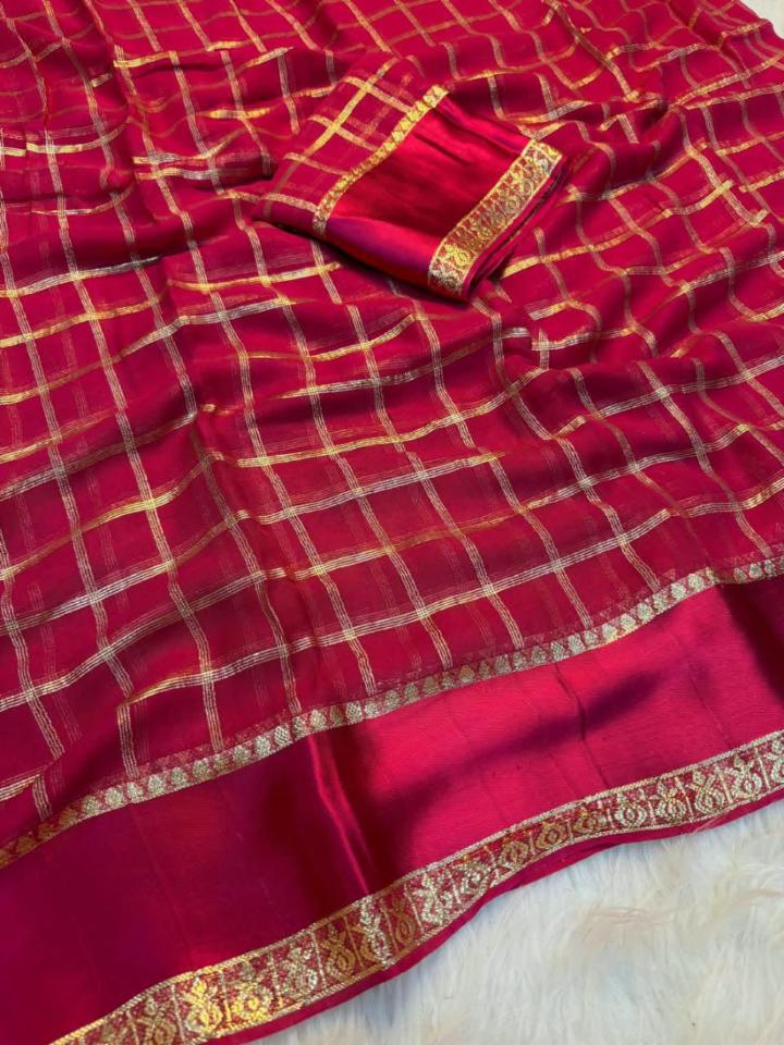 Elegant Viscose Georgette Saree with Golden Checks & Designer Border
