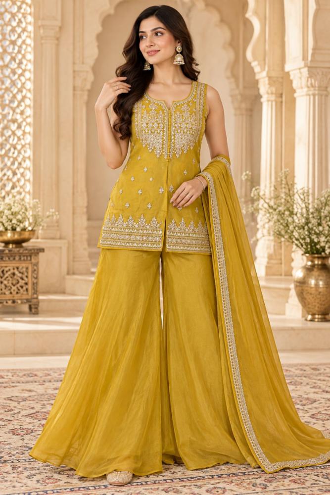 Womenâs Mustard Gold Embroidered Palazzo Suit Set with Dupatta