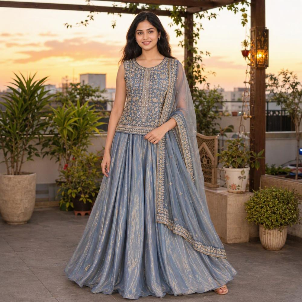 Elegant Steel Blue Embroidered Party Wear Suit Set