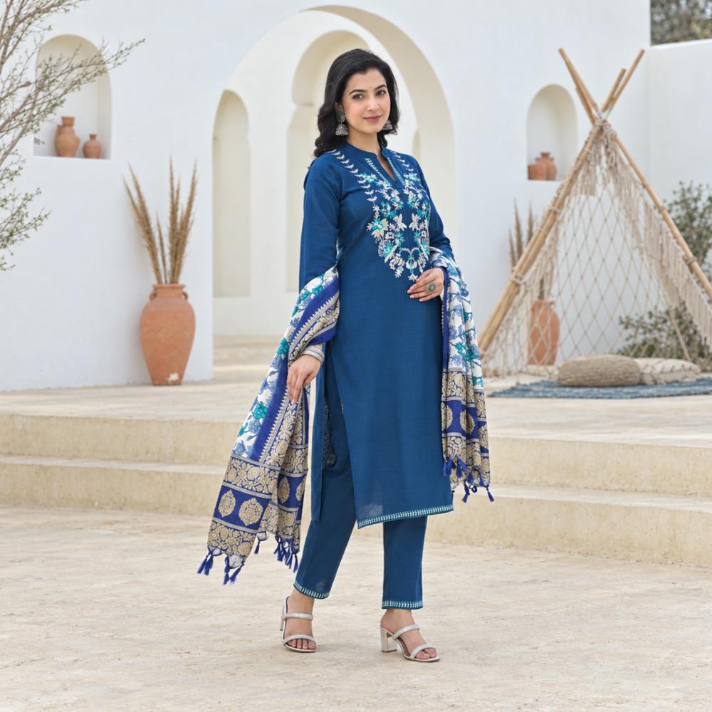 Cotton Filax Embroidered Kurta Set with Silk Dupatta