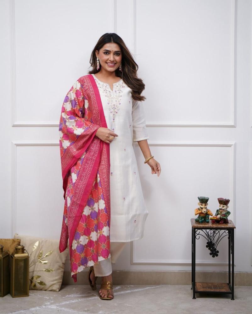Rayon Slub Kurti Set with Zari Embroidery, Pant and Chanderi Silk Digital Print Dupatta
