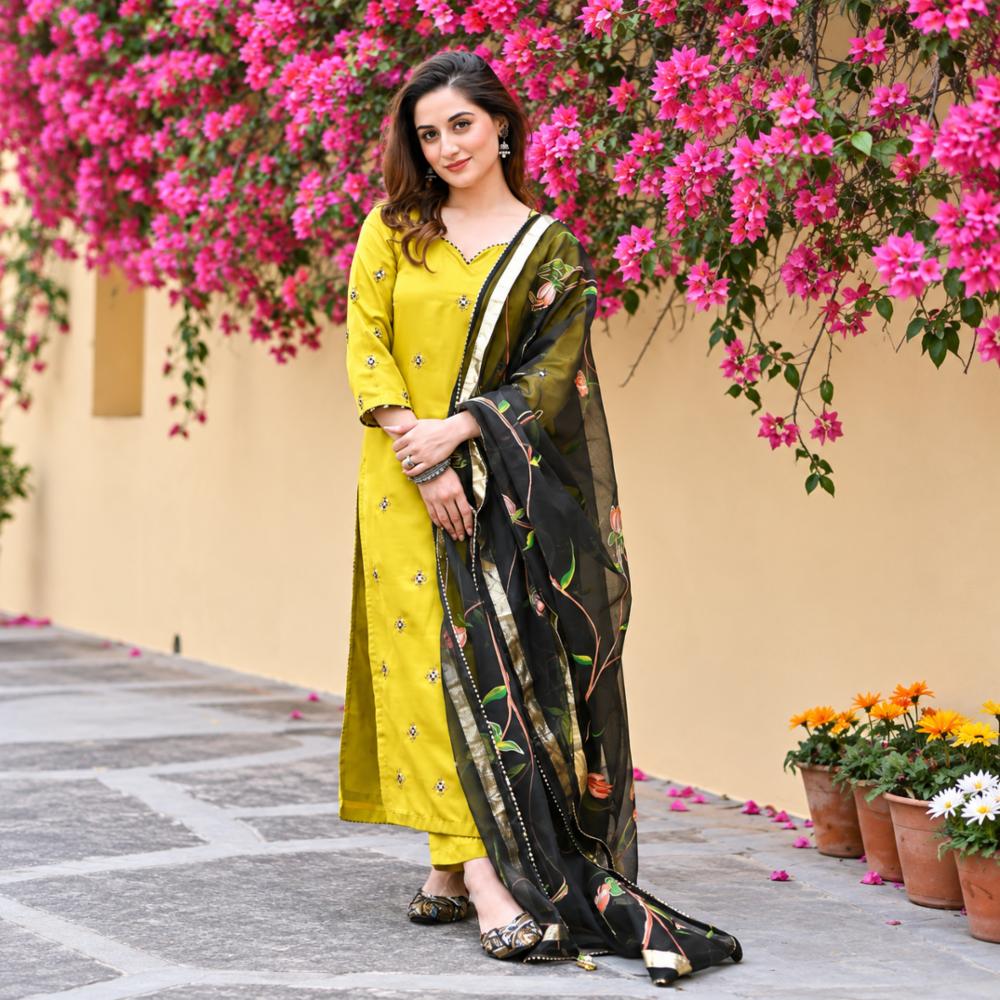 Rayon Heavy Embroidery Kurti Set with Pant and Printed Dupatta