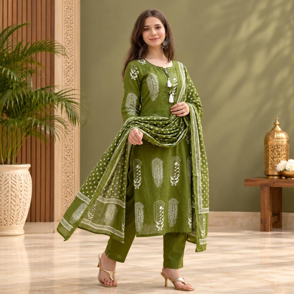 Olive Green Cotton Printed Kurti Set For Women
