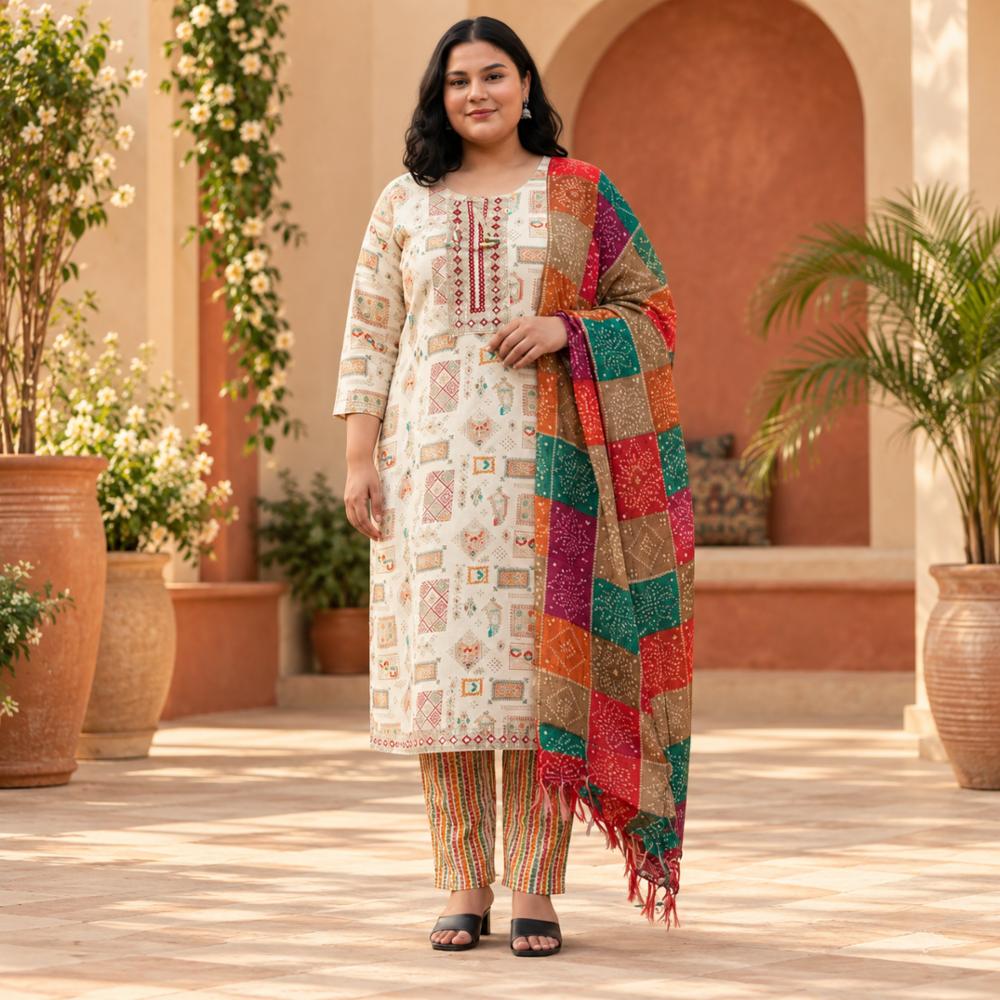 Cream Soft Cotton Straight Printed Ethnic Suit Set
