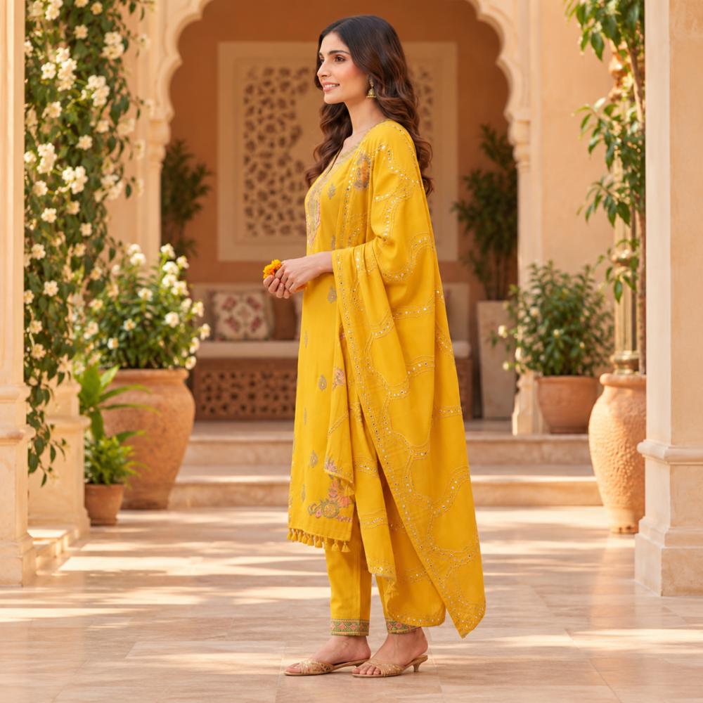 Mustard Embroidered Straight Kurta Set