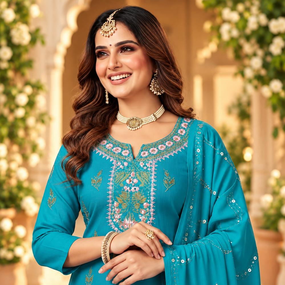 Teal Embroidered Straight Kurta Set
