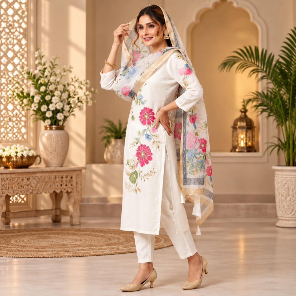 White Floral Print Straight Kurta Set