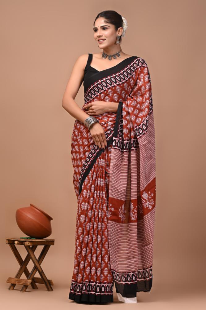 Bagru Block Print Cotton Mulmul Saree