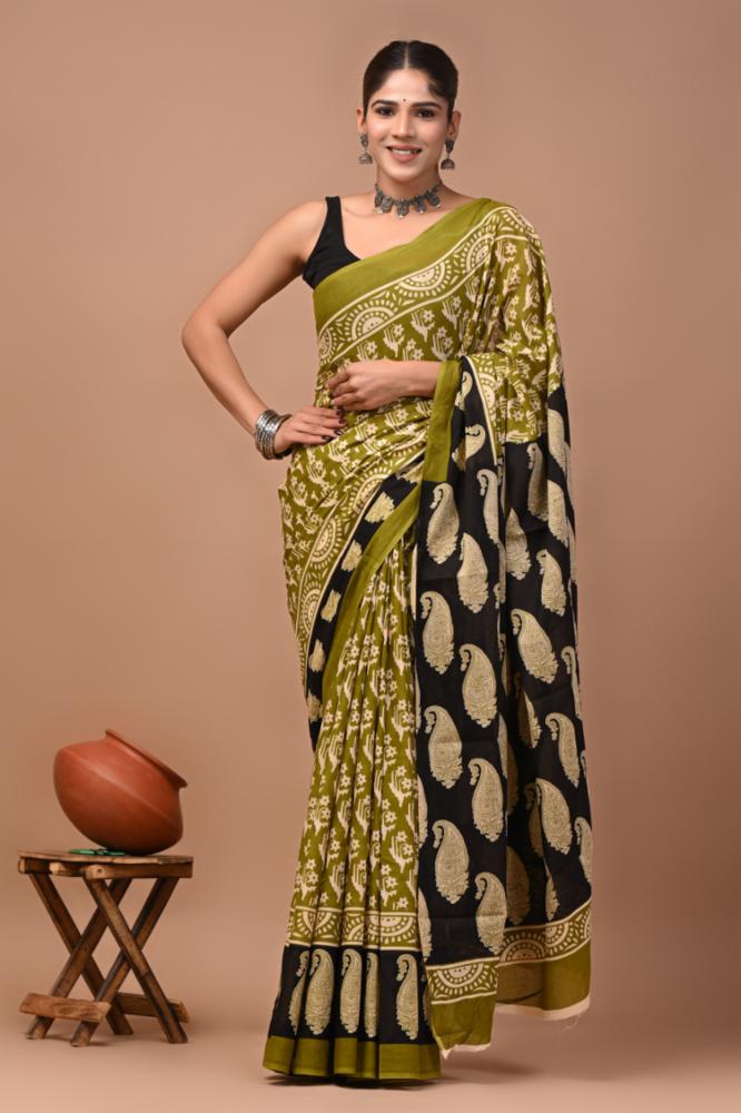Bagru Block Print Cotton Mulmul Saree with Blouse Piece