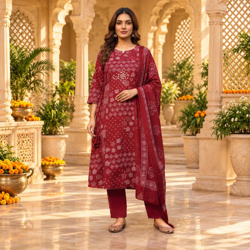 Maroon Printed Straight Kurta Set