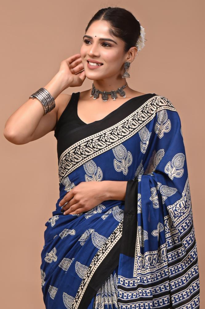 Bagru Block Print Pure Mulmul Cotton Saree