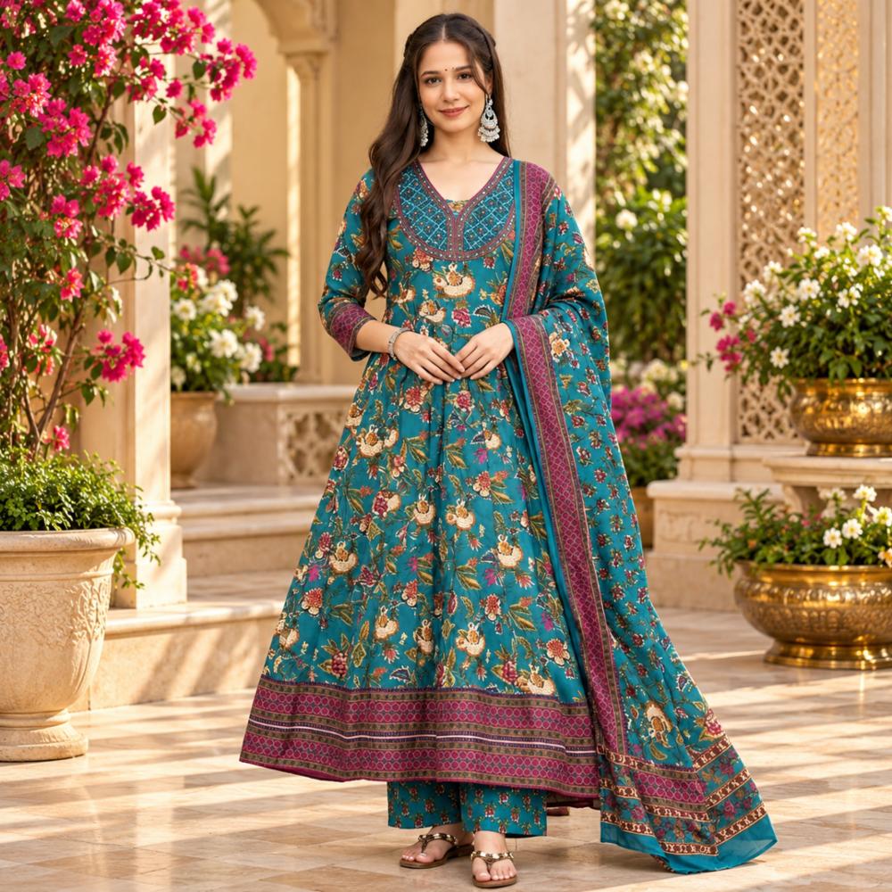 Teal And Maroon Cotton Flared Floral Print Kurta Set