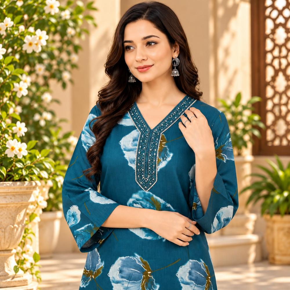 Blue Terrycot Floral Print Embellished Suit Set