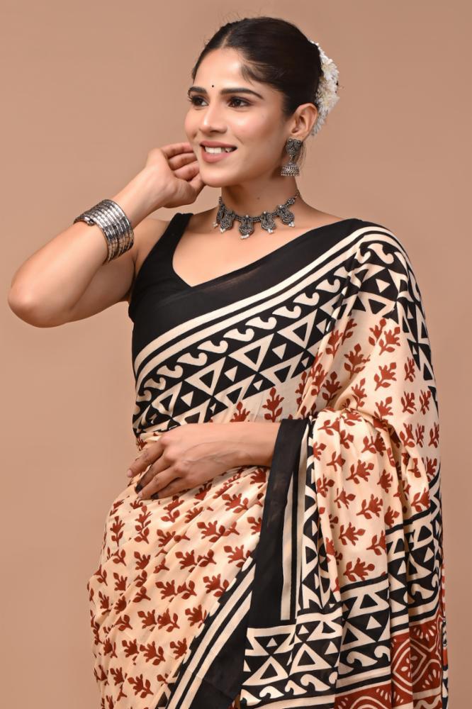 Bagru Block Print Cotton Mulmul Saree