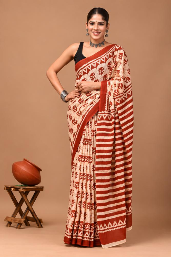 Bagru Block Print Cotton Mulmul Saree