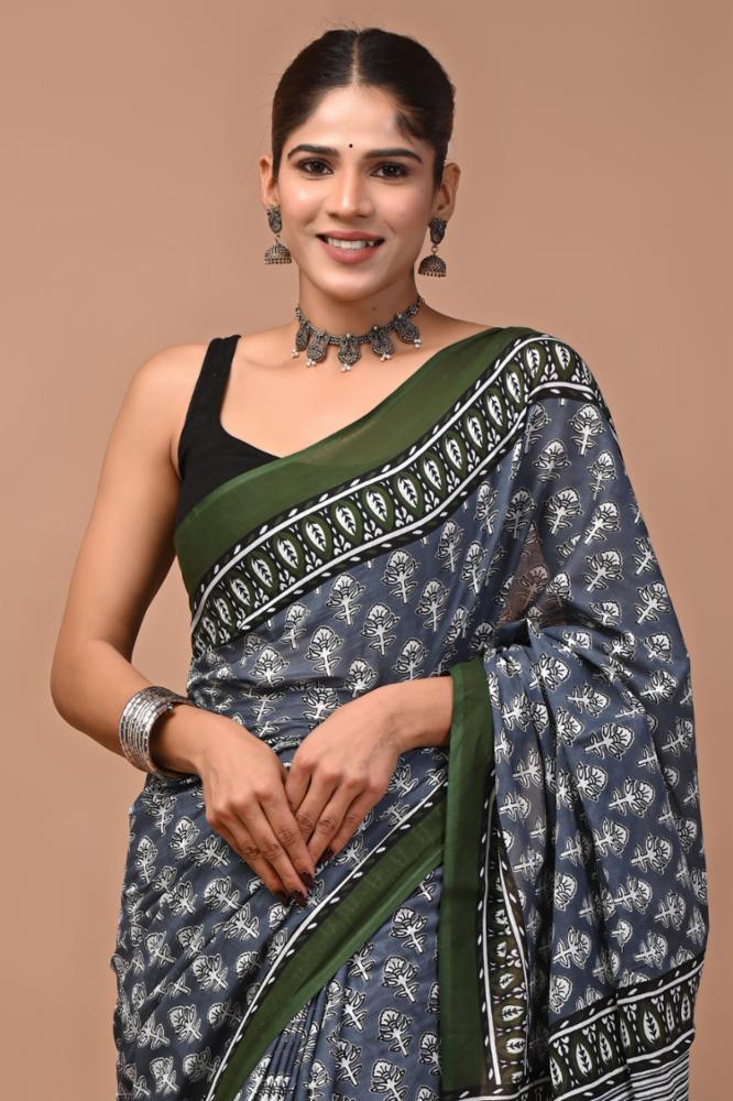 Bagru Block Print Pure Mulmul Cotton Saree with Running Blouse