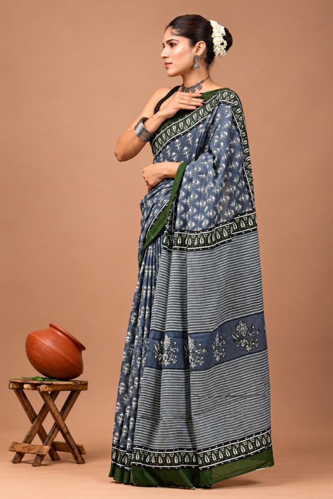 Bagru Block Print Pure Mulmul Cotton Saree
