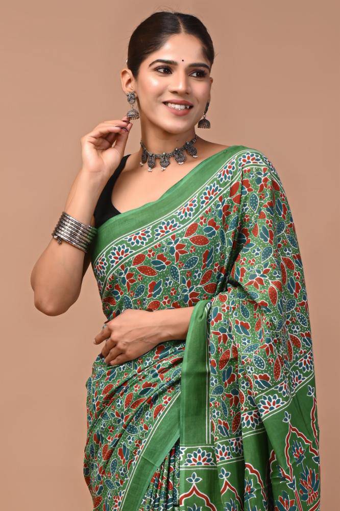 Bagru Block Print Pure Cotton Mulmul Saree 
