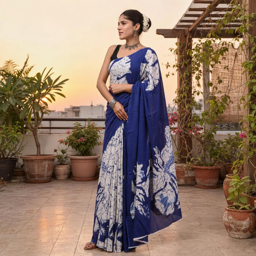 Bagru Block Print Cotton Mulmul Saree with Blouse Piece