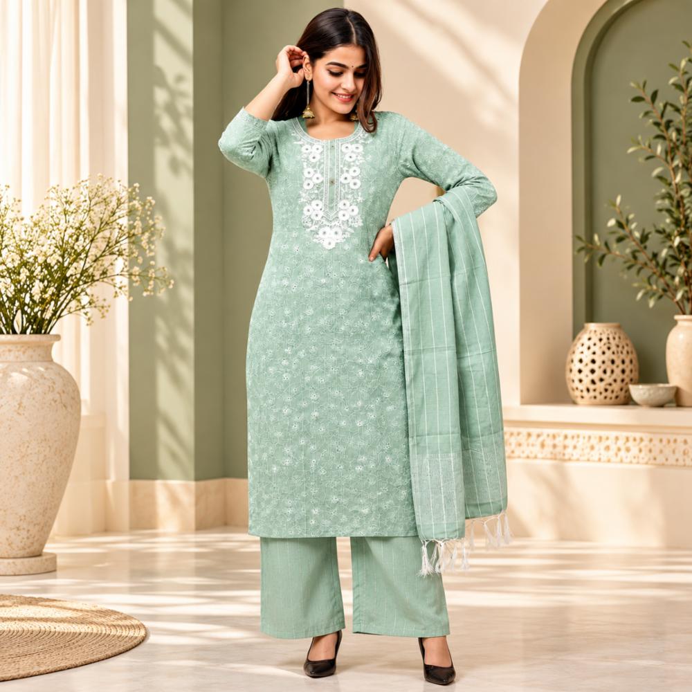 Mint Cotton Straight Embroidered Kurta Set