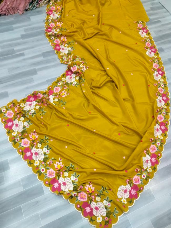 Satin Blooming Saree with Multicolour Floral Embroidery Border