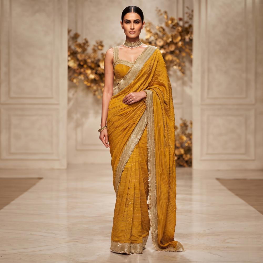 Women's Mustard Yellow Ready-to-Wear Saree with Elegant Lace Border and Matching Stitched Backless Blouse