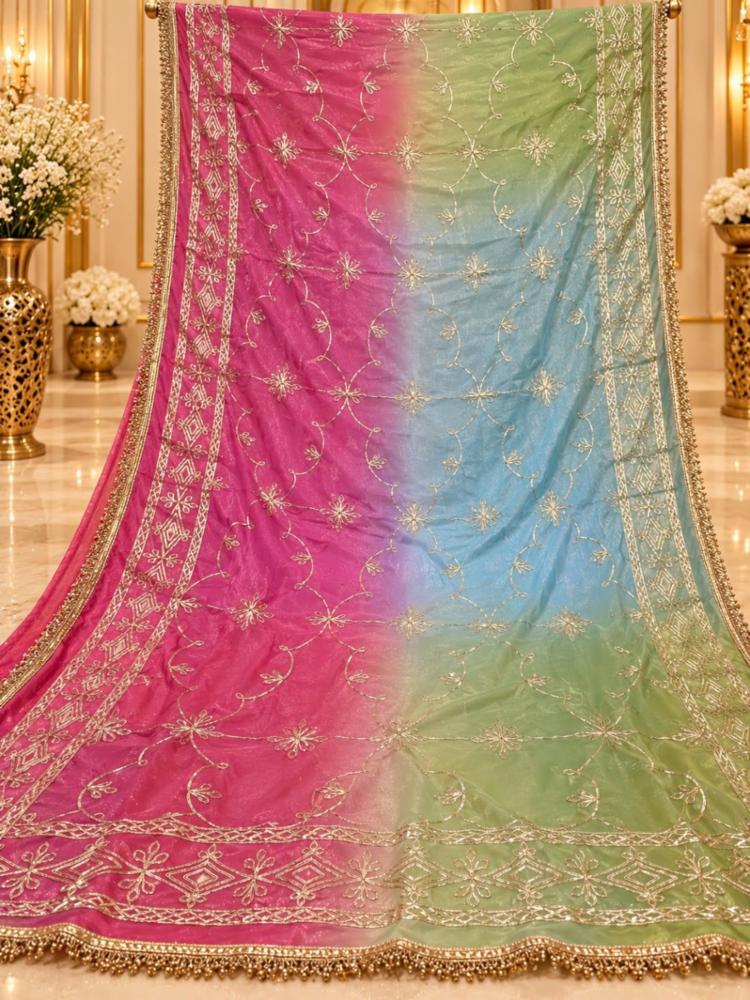 Premium Pure Georgette Dual-Tone Designer Saree with Silver Embroidery