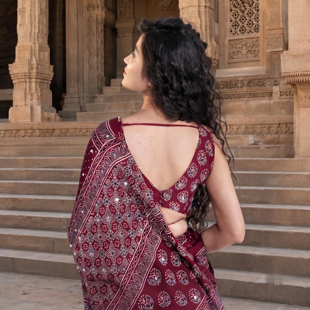 Premium Model Silk Saree with Traditional Printed Design, Mirror Work & Designer Tassels