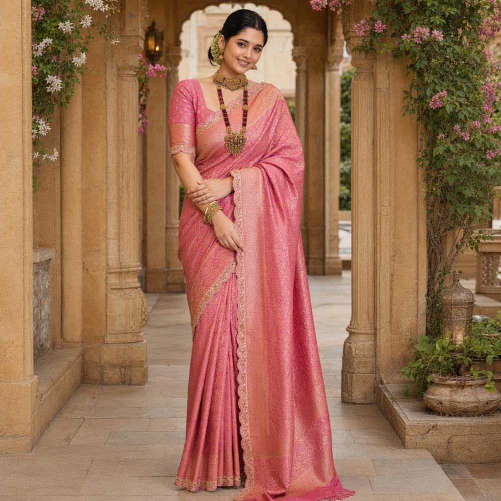 Pure Banarasi Khadi Silk Saree with Gold Zari Meenakari Weaving & Designer Scalloped Border