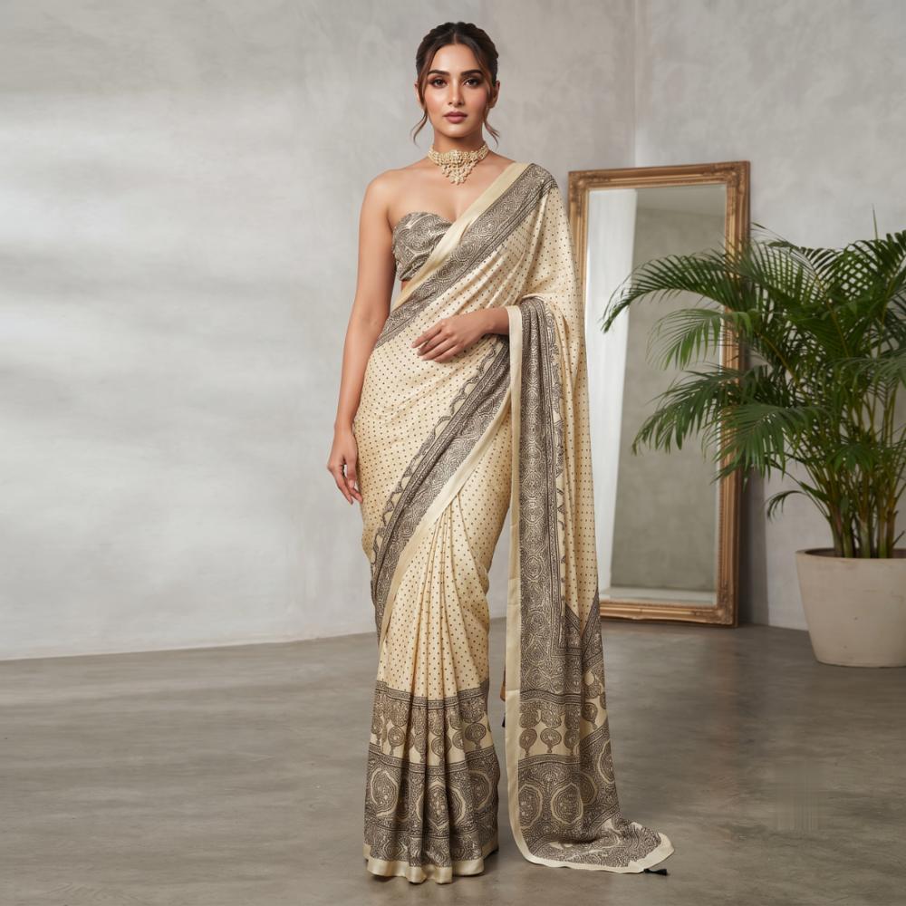 Women's Cream Model Silk Saree with Heavy Mirror Work, Ornate Border and Designer Pallu