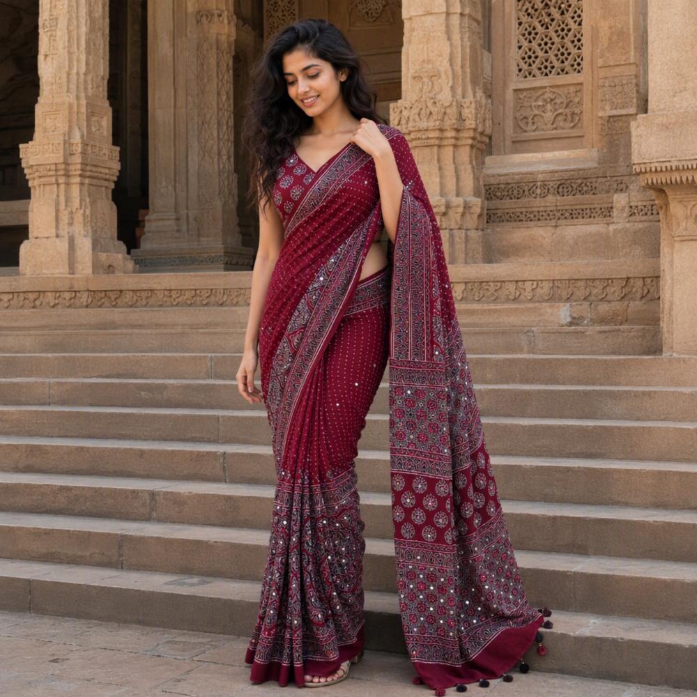 Maroon Model Silk Saree with Heavy Mirror Work, Designer Border & Tassels