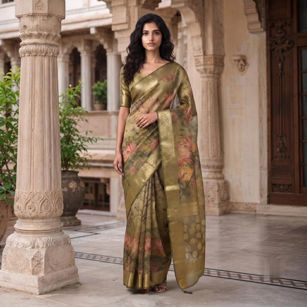 Pure Glass Tissue Silk Saree with Gold Zari Jacquard Weaving, Lotus Digital Print & Designer Border