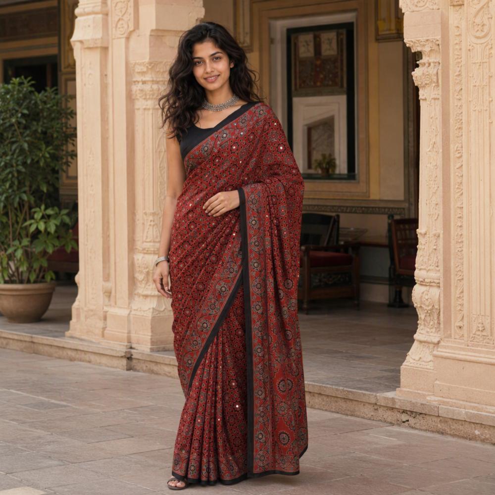 Premium Gajji Silk Saree with Traditional Multicolor Printed Design & Heavy Mirror Work